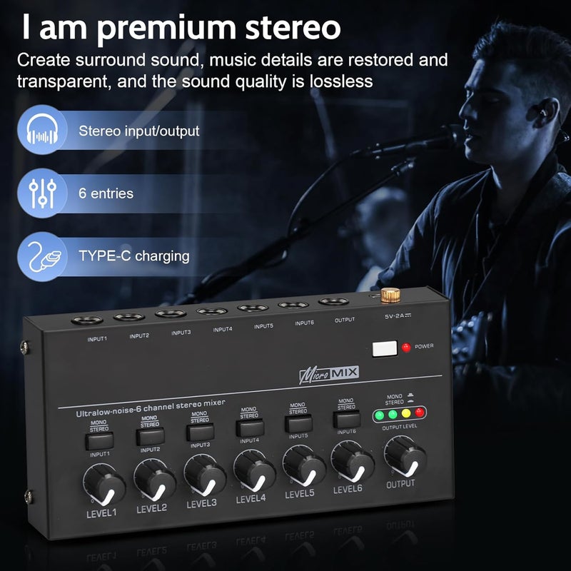 TKLBLS Line Mixer Audio mixer, 6-Channel Stereo Line Mixer, 6.35mm TRS/TS Output and Input Ultra Low Noise Mini Audio Mixer with Mono/Stereo Switch for Sub-Mixing - Image 2